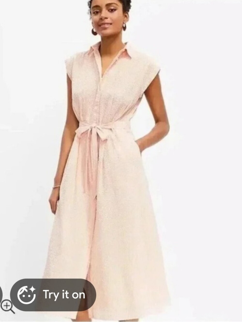 LOFT Blush Pink Floral Midi Seersucker Dress with Tie Waist